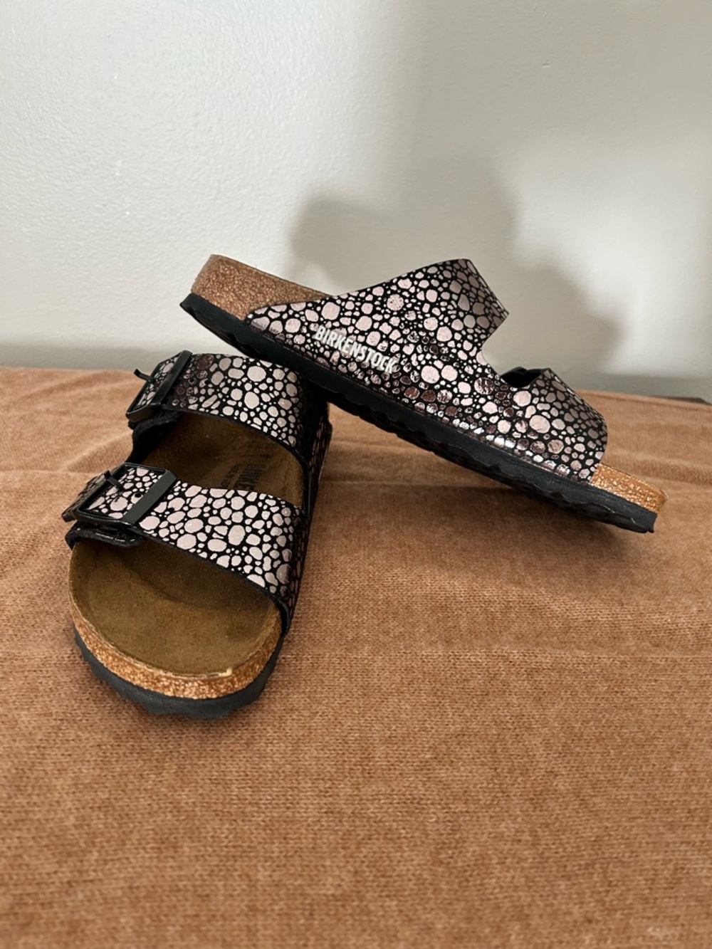 Birkenstock Two-Strap Sandal in Rose Gold Metallic Pebble Print